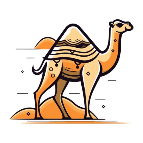 Camel with a mustache in the desert. Vector illustration on whit