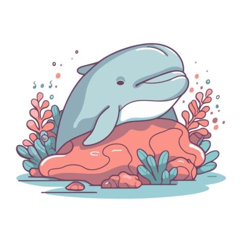 Cute cartoon whale on coral reef. Vector illustration in flat st