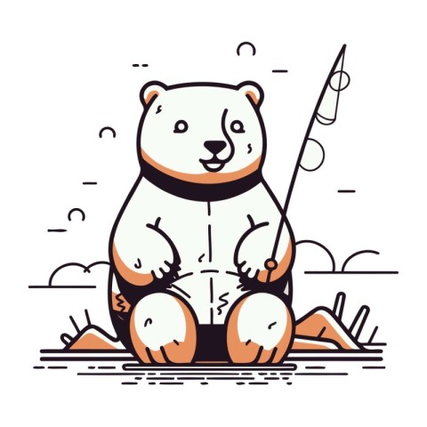 Cute polar bear sitting on the beach with fishing rod. Vector il