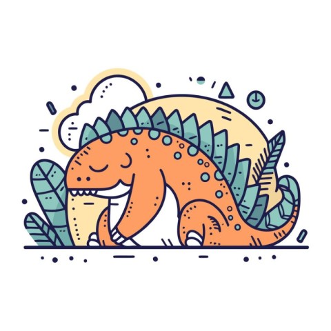 Vector illustration of cute dinosaur on white background. Line a