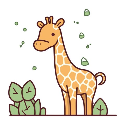 Cute giraffe with green leaves. Vector illustration in doodle st