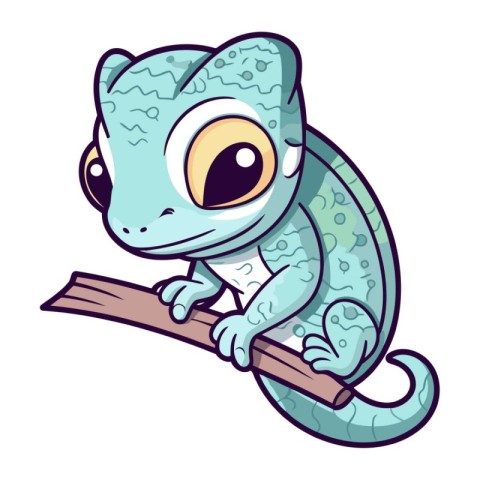 Cute cartoon chameleon on a branch. Vector illustration.