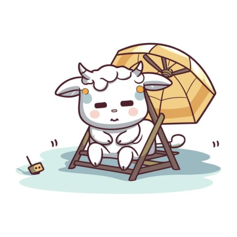 Cute sheep sitting on a beach chair and holding a beach umbrella