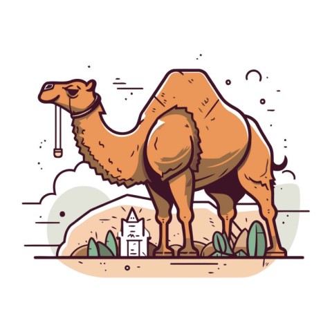 Camel in the desert. Vector illustration in flat cartoon style.