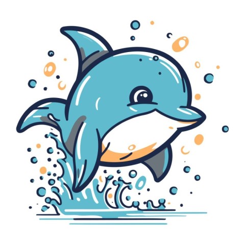 Cute cartoon dolphin jumping out of the water. Vector illustrati