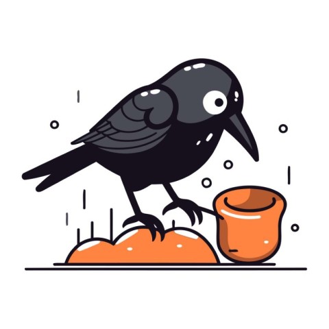 Cute black crow sitting on the egg and eating. Vector illustrati