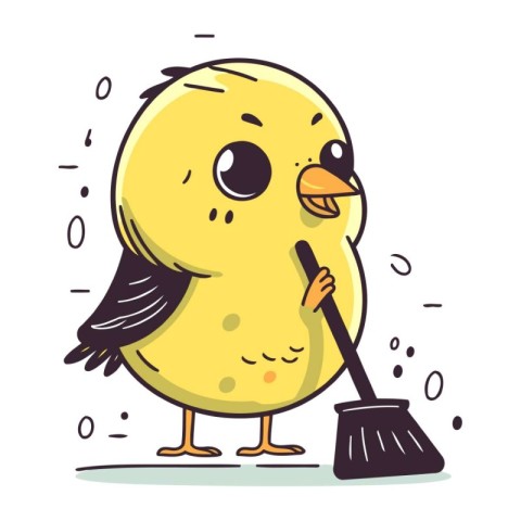 Cute yellow chick with broom. Vector illustration in cartoon sty