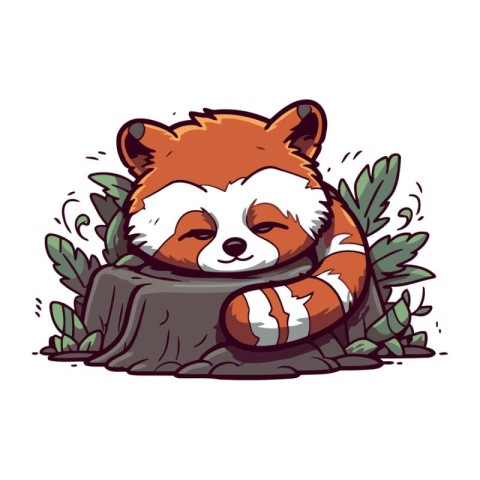 Cute red panda sleeping on a rock. Vector illustration.