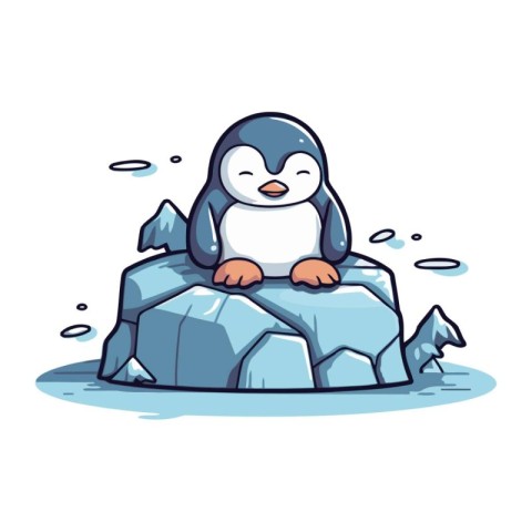 Cute penguin sitting on a rock. Cartoon vector illustration.