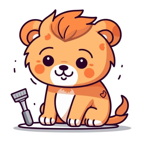 Cute little lion with a toothbrush. Vector cartoon illustration.