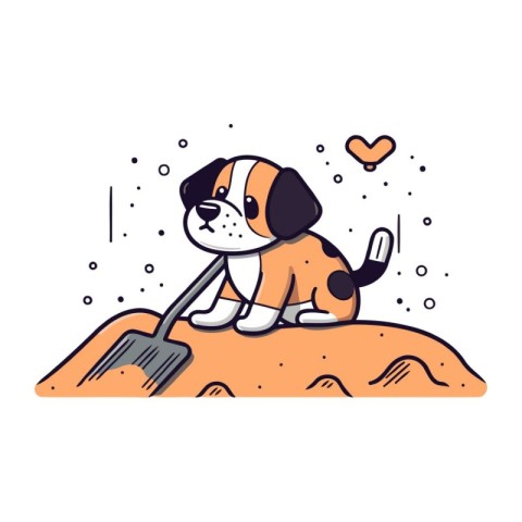 Cute cartoon dog sitting on the rock with shovel. Vector illustr