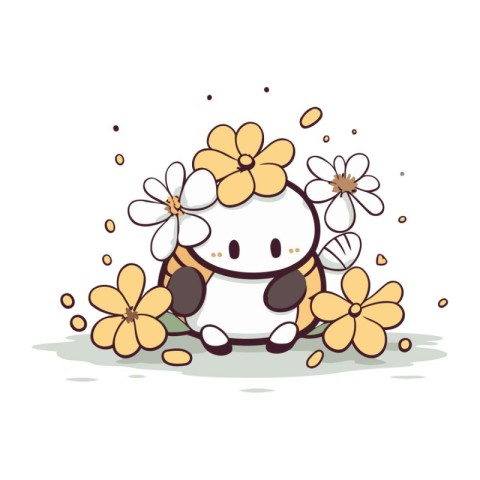 Cute little turtle with flowers on white background. Vector illu