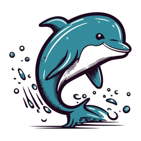 Dolphin jumping out of water. Vector illustration isolated on wh