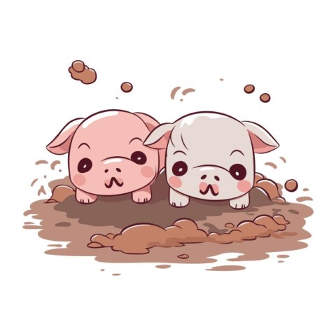 Cute pig and piggy in the mud. Vector illustration.