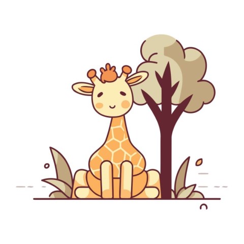 Cute giraffe sitting on a tree. Vector illustration in flat styl