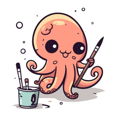 Illustration of cute cartoon octopus character with paint bucket