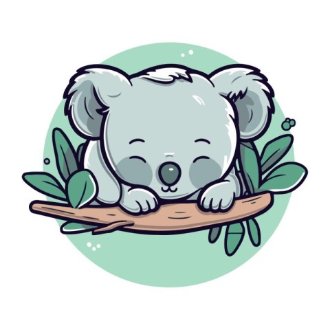 Cute koala bear on a branch with leaves. Vector illustration.