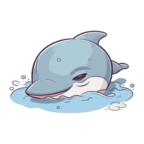 Cute cartoon dolphin in water. Vector illustration isolated on w