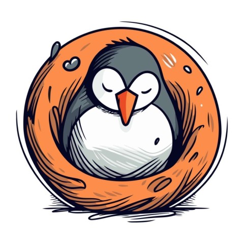 Cute penguin in the nest. Hand drawn vector illustration.