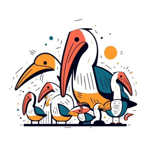 Cute hand drawn vector illustration of a group of pelicans.