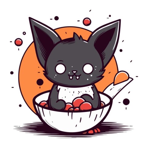 Cute cartoon cat in bowl with candies. Vector illustration.