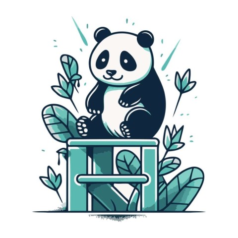 Cute panda sitting on a wooden chair. Vector illustration.