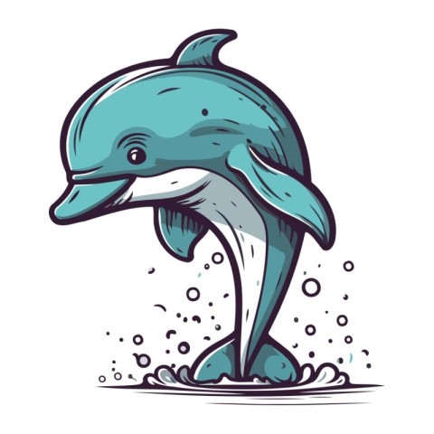 Cartoon dolphin. Hand drawn vector illustration isolated on whit