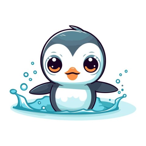 Cute cartoon penguin swimming in the sea. Vector illustration.