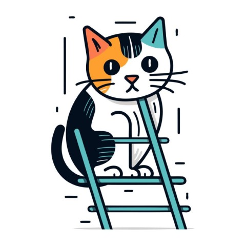 Cute cat on a ladder. Vector illustration in flat style.