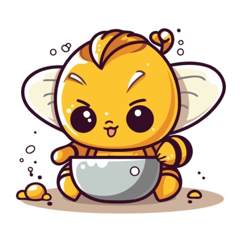 Cute cartoon bee holding a bowl of honey. Vector illustration.