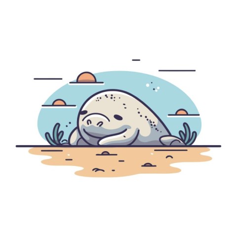 Cute baby seal on the beach. Vector illustration in cartoon styl