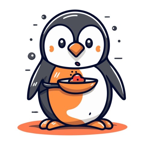 Cute penguin with a bowl of food. Vector illustration.