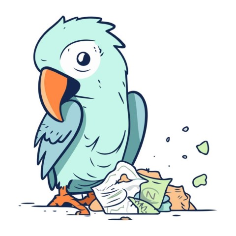 Cartoon parrot with garbage in its beak. Vector illustration.