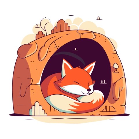 Vector illustration of a cute fox sleeping in a dog house. Carto