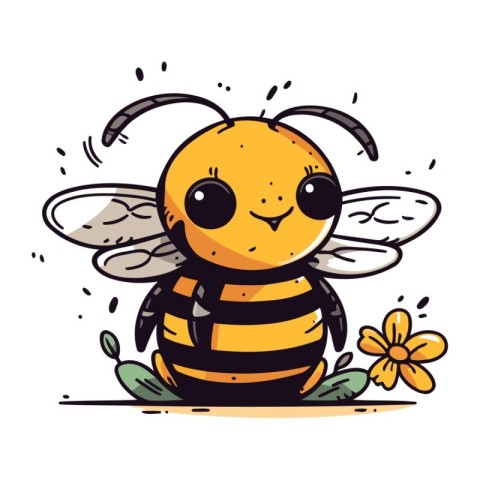 Cute cartoon bee with flower. Vector illustration isolated on wh