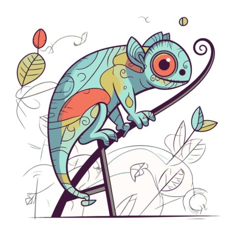 Cute chameleon on the tree branch. Vector illustration.