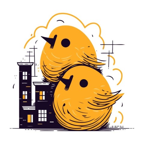 Vector illustration of two cute yellow chickens with houses in t