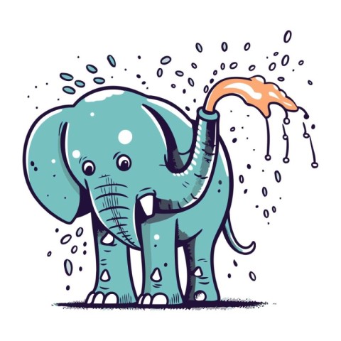 Cute cartoon elephant with splashes of water. Vector illustratio