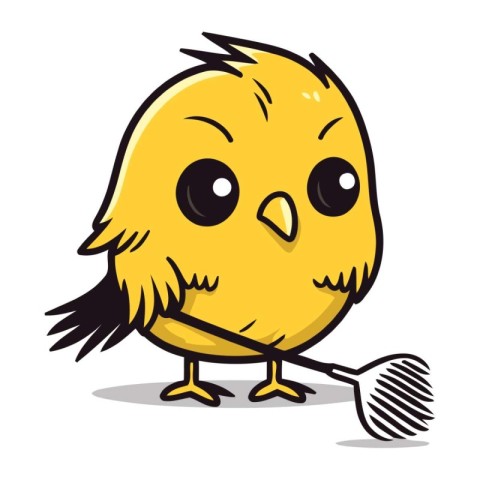 cute yellow chick with rake isolated on white background. vector