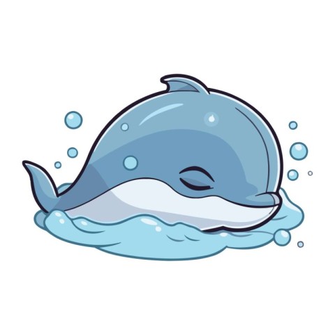 Cute cartoon whale in water. Vector illustration isolated on whi