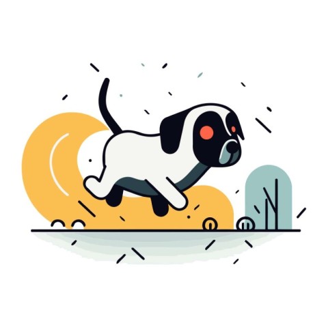 Cute cartoon dog jumping over obstacle. Vector illustration in f