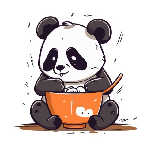 Cute panda with a bucket of food. Vector illustration.