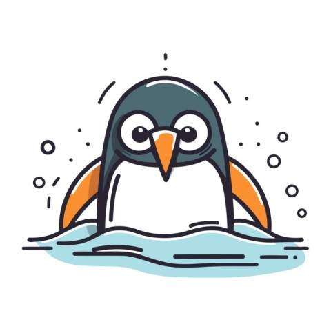 Cute penguin swimming in water. Vector illustration in cartoon s