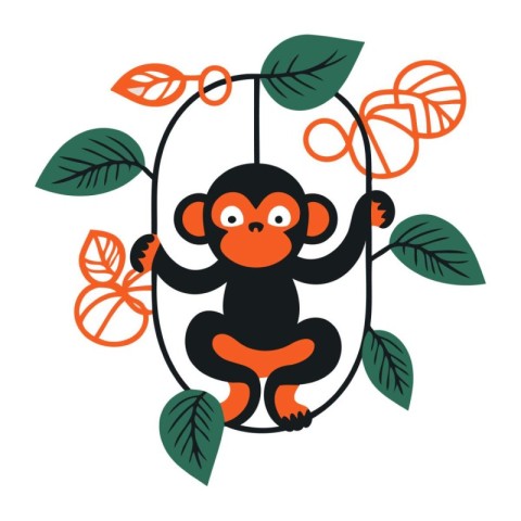 Cute cartoon monkey sitting on a swing with leaves. Vector illus