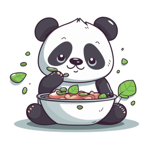 Cute panda eating food in a bowl. Vector illustration.