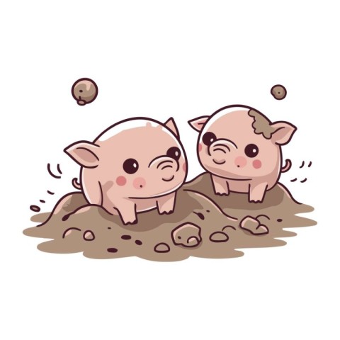 Illustration of two cute pigs in the mud on a white background