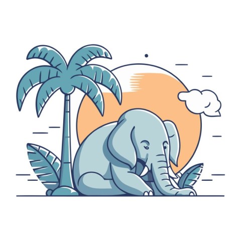 Elephant and palm trees. Vector illustration in flat linear styl