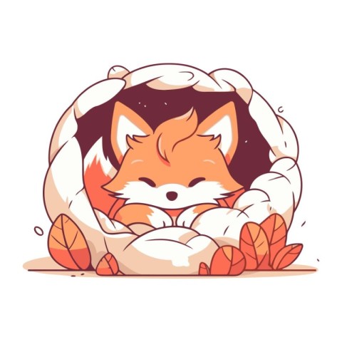 Cute fox in a basket of autumn leaves. Vector illustration.