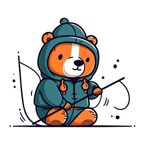 Cute cartoon bear in winter clothes with fishing rod. Vector ill