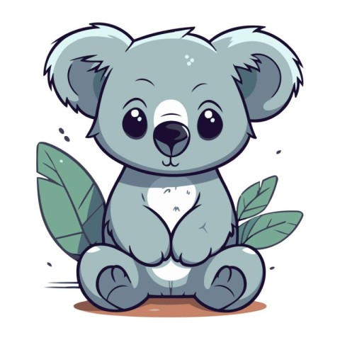 Cute cartoon koala sitting on ground with leaves. Vector illustr